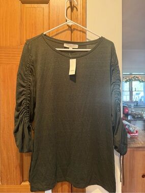 LOFT Olive Green Long-Sleeve Top with Ruched Sleeves